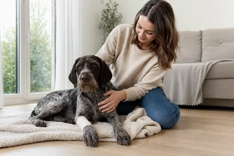 Ein Bourbonnais-Vorstehhund mit leichtem Verband an der Pfote liegt entspannt auf einer Decke, während sein erleichterter Besitzer neben ihm sitzt.