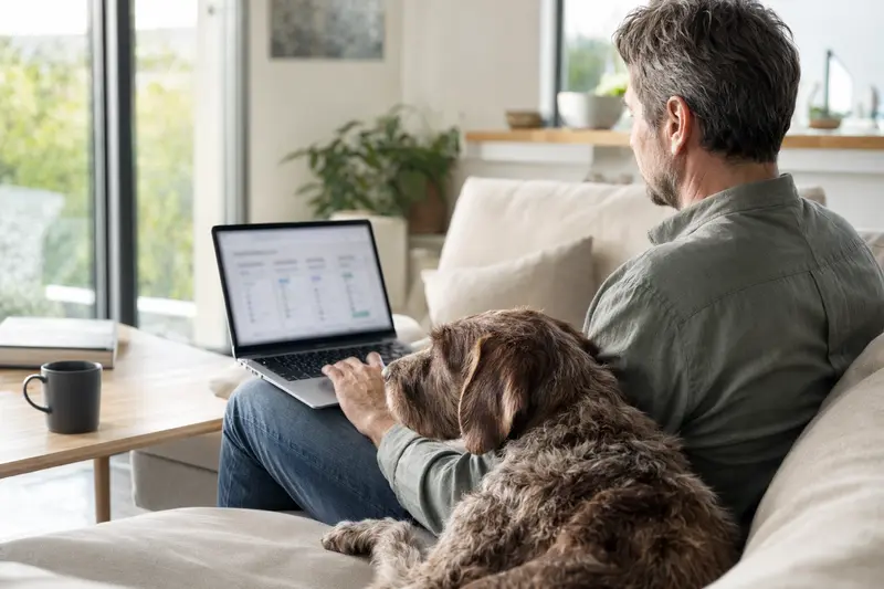 Ein Besitzer arbeitet am Laptop auf dem Sofa, während ein Bourbonnais-Vorstehhund neben ihm sitzt, Fokus auf den Versicherungsvergleich für Tiergesundheit.