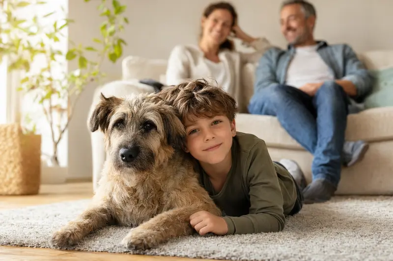 Ein freundlicher Bouvier des Ardennes Hund liegt entspannt neben einem Kind im Wohnzimmer und vermittelt Sicherheit und Geborgenheit.