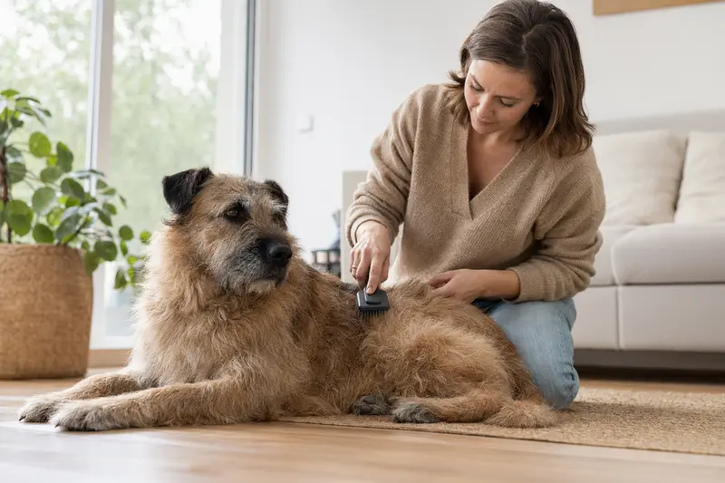 Ein Bouvier des Ardennes wird in einer hellen Wohnung sanft gebürstet, während sein Besitzer liebevoll die Fellpflege übernimmt.