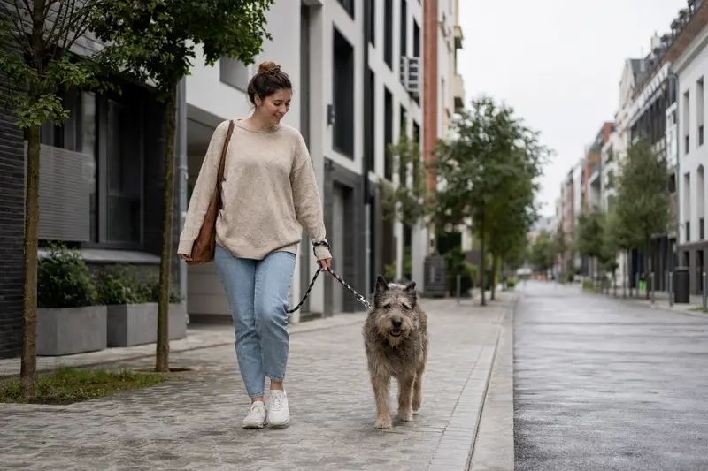 Ein Bouvier des Ardennes läuft angeleint mit seinem Besitzer entspannt durch eine moderne Stadtstraße.