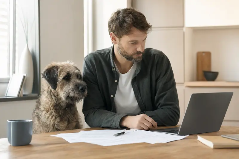 Ein Bouvier des Ardennes Hund sitzt neben seinem Besitzer am Küchentisch, während Versicherungsunterlagen und ein Laptop auf dem Tisch liegen.