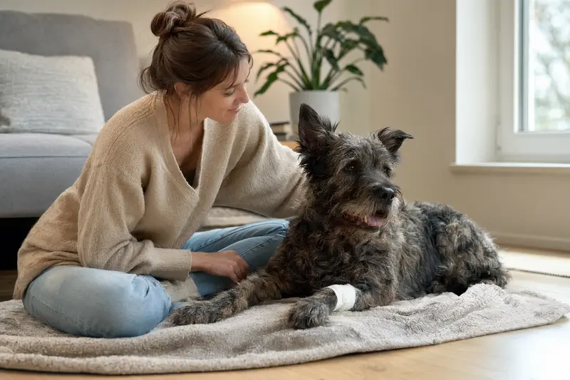 Ein Bouvier des Ardennes Hund mit einem leichten Verband ruht neben seinem erleichterten Besitzer in einer hellen Wohnung.