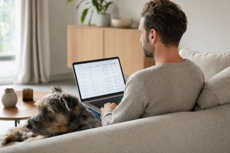Ein Hundebesitzer sitzt mit Laptop auf dem Sofa, während ein Bouvier des Ardennes neben ihm liegt und eine Versicherungsvergleichsseite betrachtet wird.