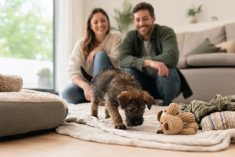 Ein neugieriger Bouvier des Ardennes Welpe erkundet seine neue Umgebung mit einer weichen Decke und Spielzeug.