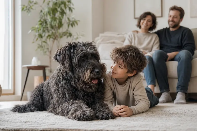 Ein freundlicher Bouvier des Flandres Hund liegt entspannt neben einem Kind im lichtdurchfluteten Wohnzimmer.