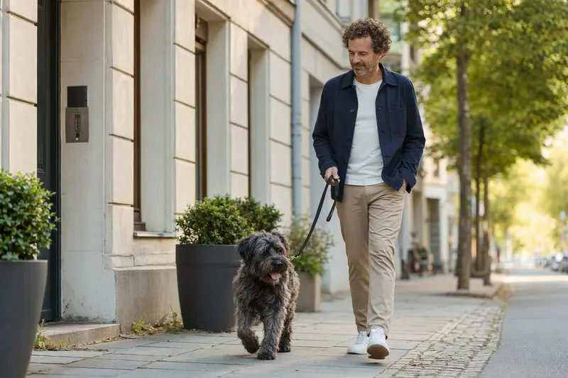 Ein Bouvier des Flandres läuft an der Leine mit seinem Besitzer durch eine saubere moderne Stadtstraße.
