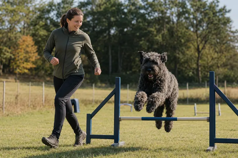 Ein aktiver Bouvier des Flandres springt mit seinem Besitzer über eine kleine Trainingshürde auf dem Hundeplatz.