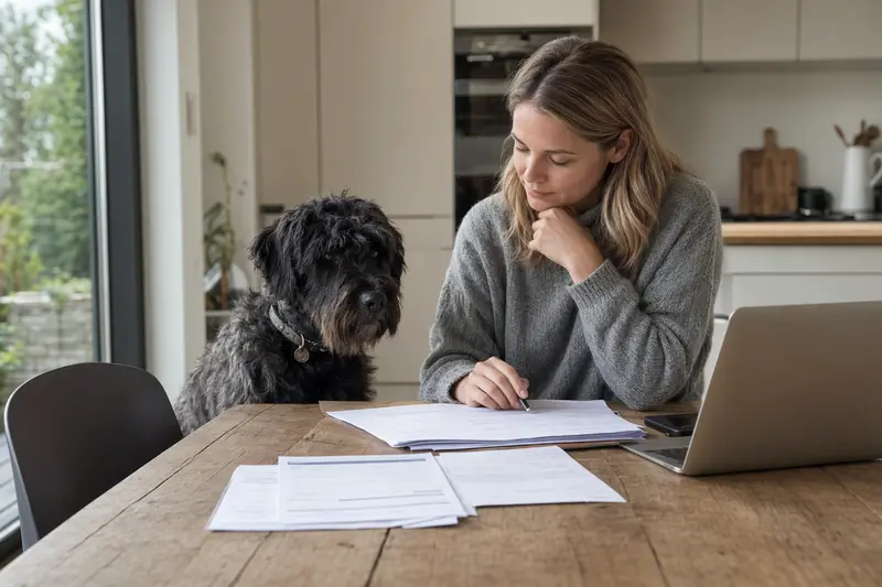 Ein Bouvier des Flandres Hund sitzt ruhig neben seinem Besitzer am Küchentisch mit Versicherungsunterlagen und einem Laptop.