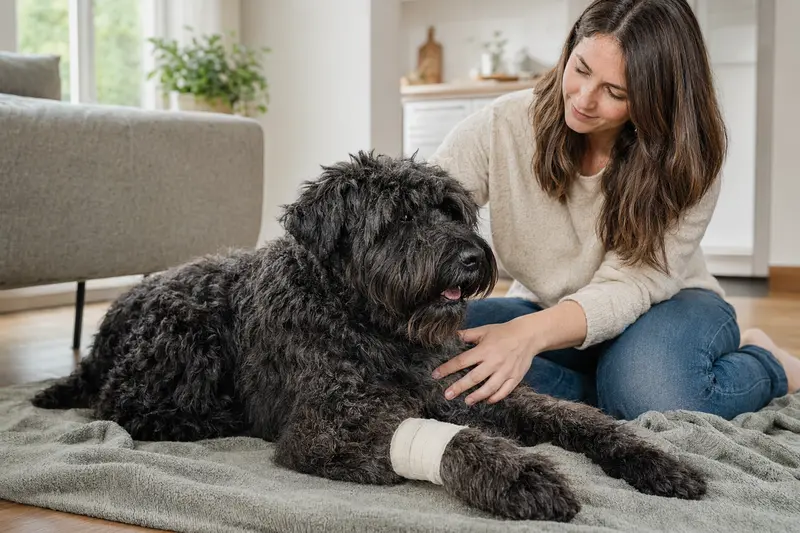 Ein Bouvier des Flandres mit Verband liegt entspannt neben seinem Besitzer in einer hellem Wohnung.