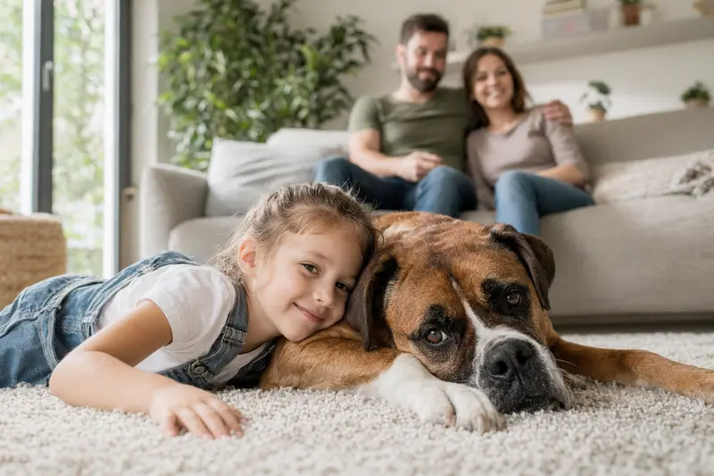 Ein Boxer Hund liegt entspannt neben einem Kind im Wohnzimmer und vermittelt eine vertrauensvolle Familienatmosphäre.