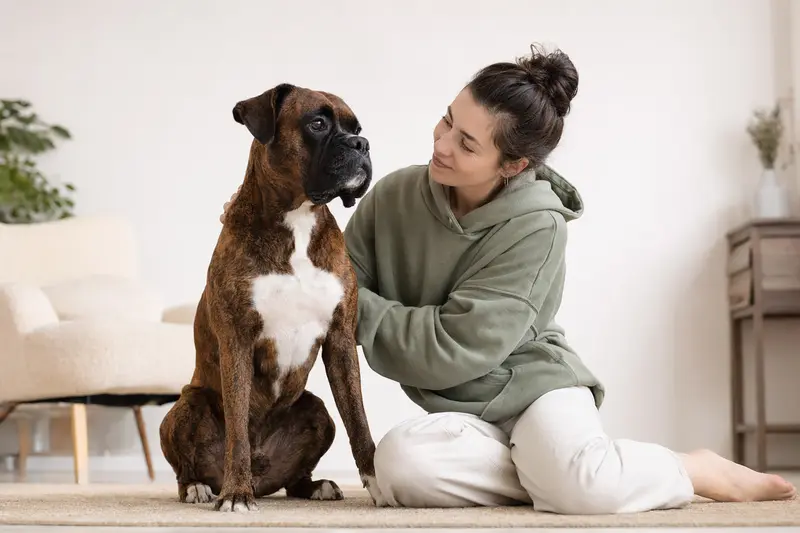 Ein aufmerksamer Boxer Hund steht in natürlicher Haltung vor hellem neutralem Hintergrund.