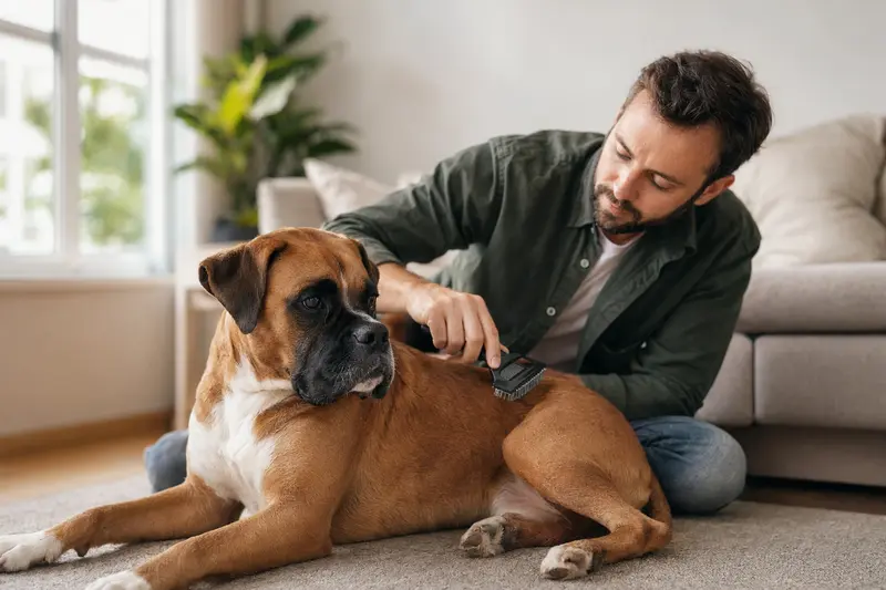 Ein Boxer wird in einer hellen Wohnung sanft gebürstet, während sein Besitzer liebevoll die Fellpflege übernimmt.