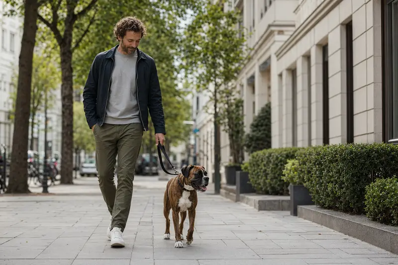 Ein Boxer-Hund läuft an der Leine mit seinem Besitzer entspannt durch eine moderne Stadtstraße.