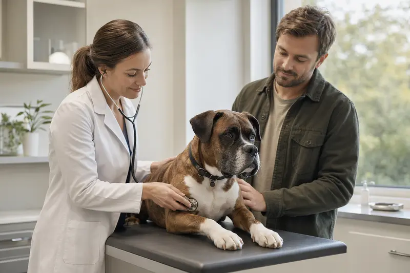 Ein ruhiger Boxer Hund wird von einer freundlichen Tierärztin mit einem Stethoskop in einer modernen Praxis untersucht, während der Besitzer beruhigend danebensteht.