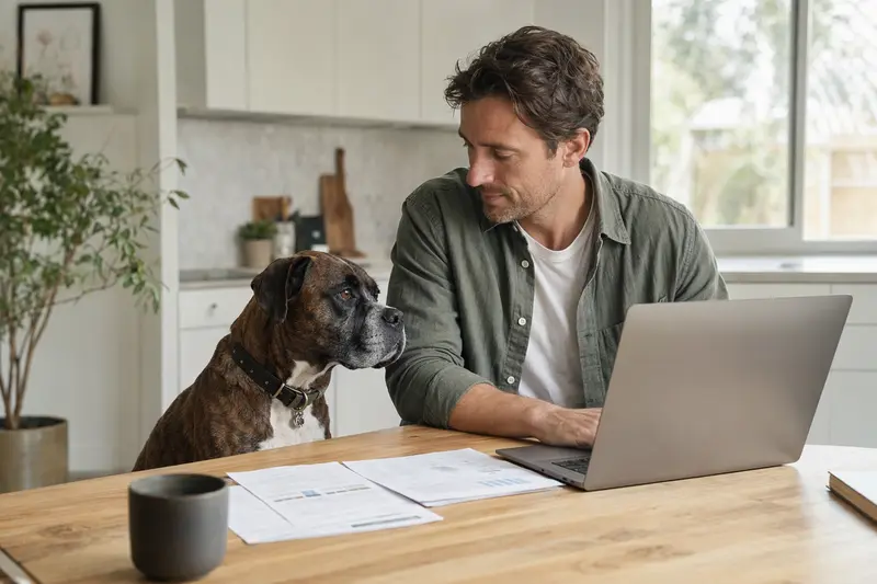 Ein ruhiger Boxer Hund sitzt neben seinem Besitzer am Küchentisch, während Versicherungsunterlagen und ein Laptop mit Vergleichsinformationen auf dem Tisch liegen.