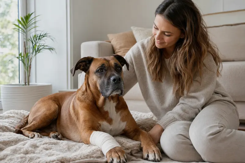 Ein Boxer Hund mit leichten Verband an der Pfote liegt entspannt auf einer Decke, während sein Besitzer erleichtert daneben sitzt.