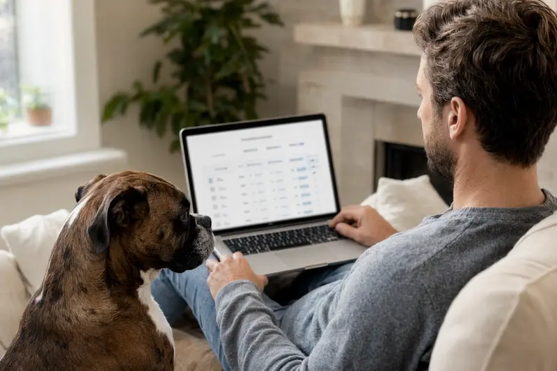 Ein Boxer Hund sitzt neben seinem Besitzer, der entspannt am Laptop auf dem Sofa arbeitet und einen Versicherungsvergleich durchführt.