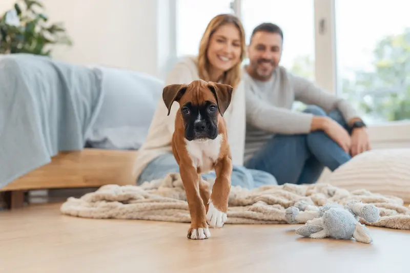 Ein neugieriger Boxer Welpe erkundet seine neue Umgebung mit einer weichen Decke und einem Spielzeug.