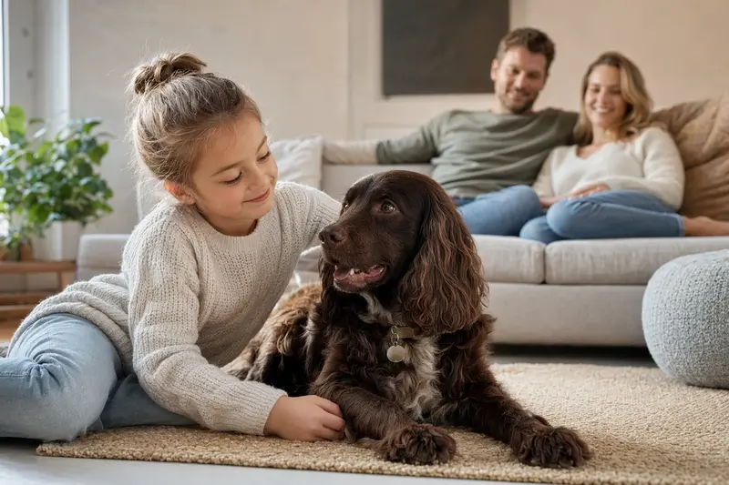 Ein freundlicher Boykin Spaniel Hund liegt entspannt neben einem Kind im Wohnzimmer.