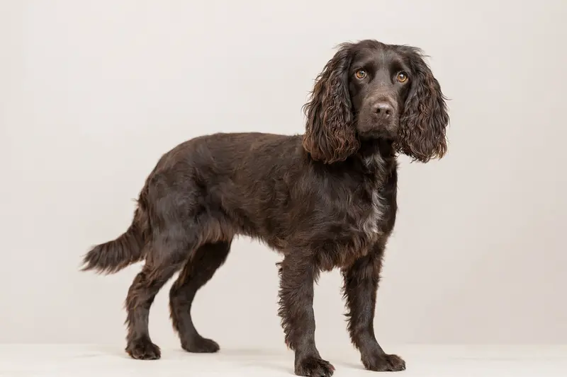 Ein aufmerksam stehender Boykin Spaniel vor hellem Hintergrund in natürlicher Haltung als professionelles Tierportrait.