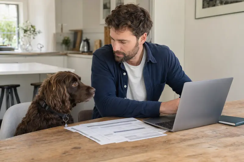 Ein Boykin Spaniel sitzt friedlich neben seinem Besitzer am Küchentisch, auf dem Versicherungsunterlagen und ein Laptop liegen.