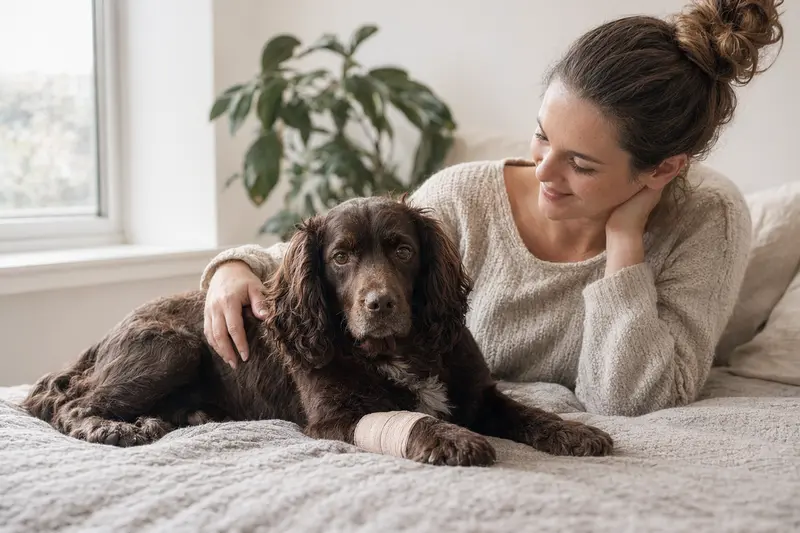 Ein Boykin Spaniel mit einem leichten Verband an der Pfote liegt entspannt auf einer Decke, während sein Besitzer neben ihm sitzt und erleichtert aussieht.