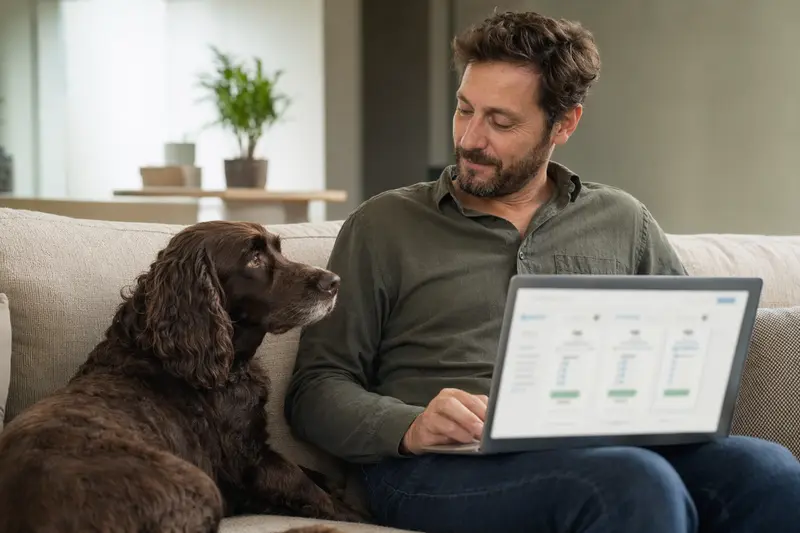 Ein Hundebesitzer arbeitet am Laptop auf dem Sofa, neben ihm ein Boykin Spaniel, während er einen Versicherungsvergleich für die Tierhaltung betrachtet.