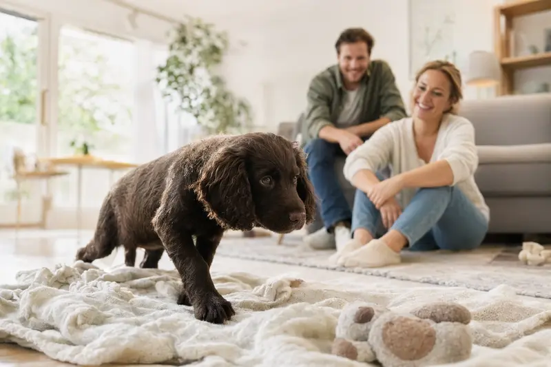 Ein neugieriger Boykin Spaniel Welpe erkundet seine weiche Decke und Spielzeuge in einer hellen Wohnung.
