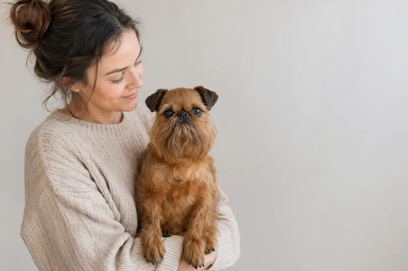 Brabanter Griffon Hund in natürlicher Haltung vor hellem Hintergrund als realistisches Tierportrait.