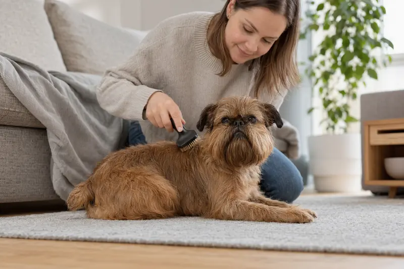 Ein Brabanter Griffon wird in einer hellen Wohnung sanft gebürstet, während sein Besitzer die Fellpflege liebevoll übernimmt.