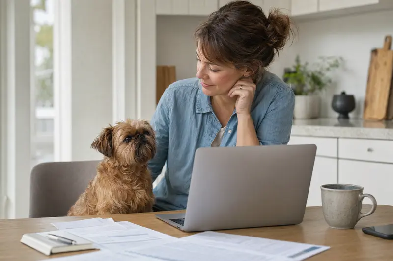 Ein Brabanter Griffon Hund sitzt neben seinem Besitzer am Küchentisch, umgeben von Versicherungsunterlagen und einem Laptop.