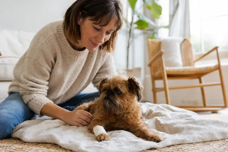 Brabanter Griffon Hund mit Verband an der Pfote liegt beruhigt auf einer Decke neben seinem erleichterten Besitzer.