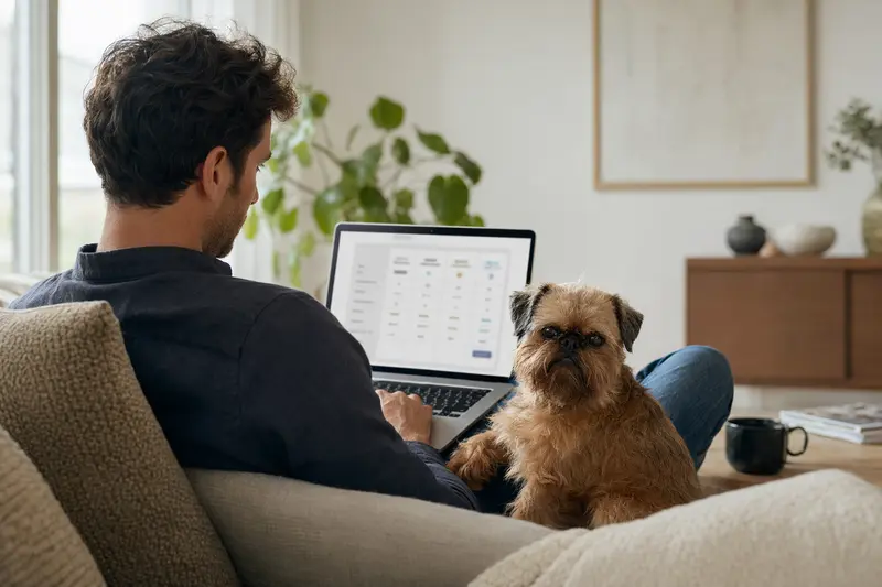 Ein Hundebesitzer arbeitet am Laptop auf dem Sofa, während ein Brabanter Griffon neben ihm sitzt.