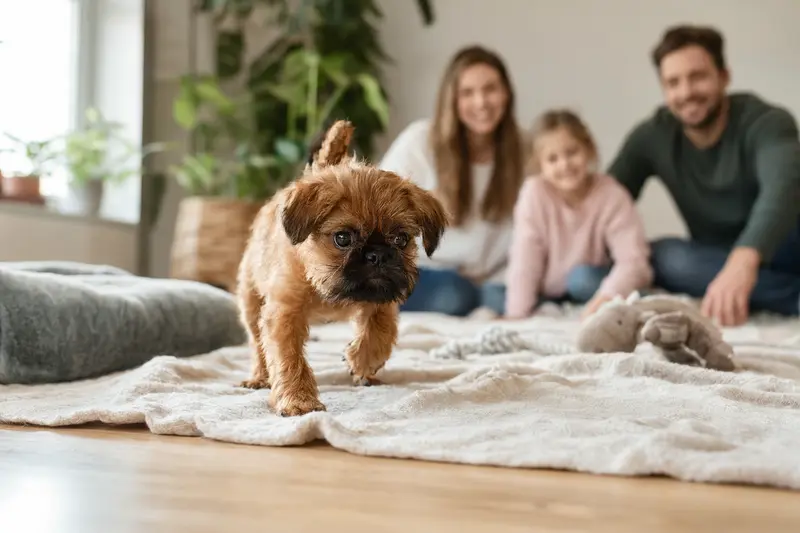 Ein junger Brabanter Griffon Welpe entdeckt neugierig sein neues Zuhause mit einer liebevollen Familie im Hintergrund.