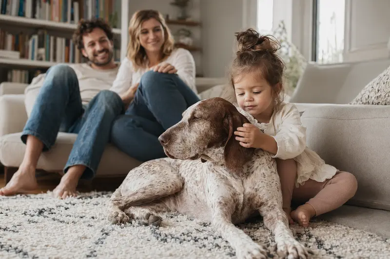 Ein freundlicher Bracco Italiano Hund ruht neben einem Kind in einem einladenden Wohnzimmer, umgeben von einer warmen familiären Atmosphäre.