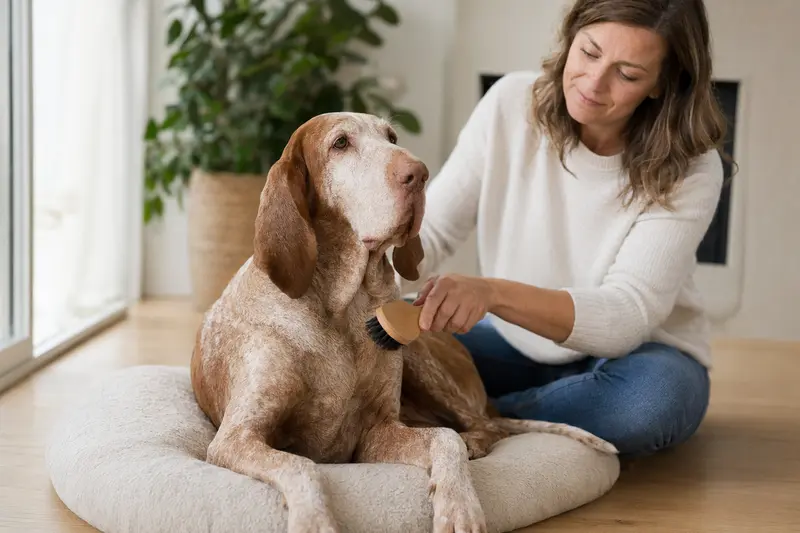 Ein Bracco Italiano Hund wird in einer hellen Wohnung liebevoll gebürstet, während sein Besitzer die Fellpflege ruhig und sorgfältig übernimmt.