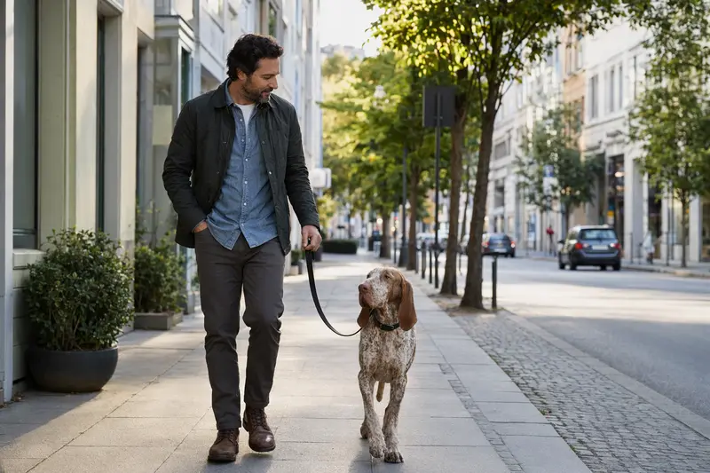 Ein Bracco Italiano läuft an der Leine mit seinem Besitzer durch eine moderne Stadtstraße.