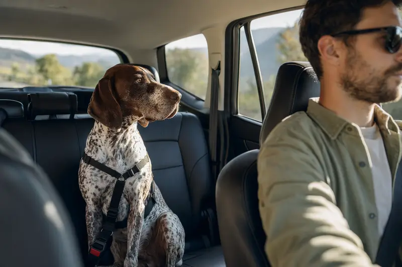 Ein Bracco Italiano Hund, sicher angeschnallt auf der Rückbank eines Autos, genießt die Autofahrt mit seinem Besitzer.