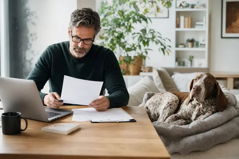 Ein Hundebesitzer sitzt mit einer Tierarztrechnung am Tisch, während sein Bracco Italiano entspannt auf einer Decke liegt – ein ruhiges Bild zum Thema Tierarztkosten und Hunderversicherung.