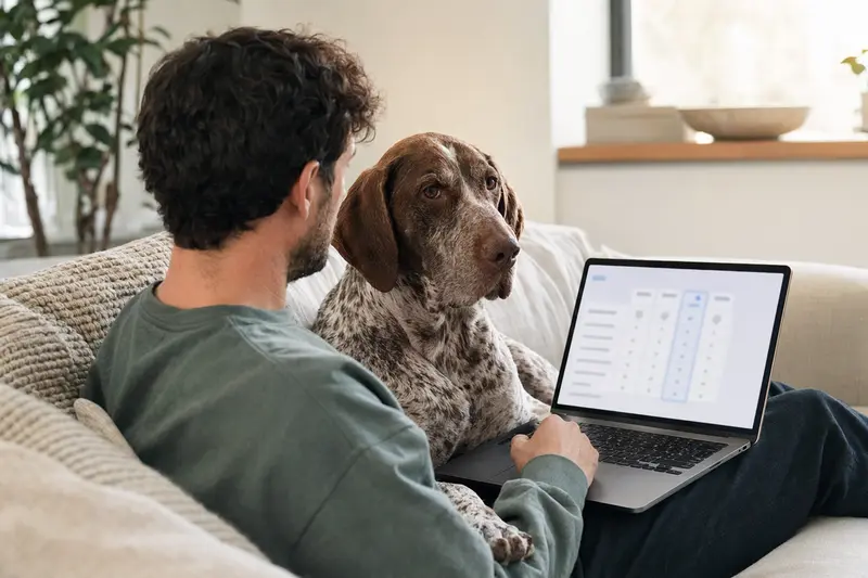 Ein Besitzer verwendet seinen Laptop auf dem Sofa, während sein Bracco Italiano Hund entspannt daneben sitzt, was auf eine sichere Entscheidung für Tierkrankenversicherung hinweist.
