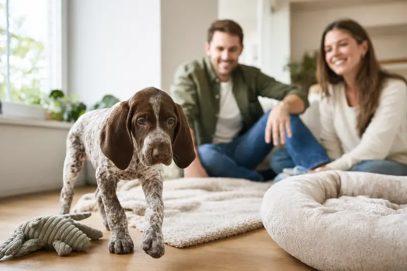 Ein Bracco Italiano Welpe erkundet neugierig seine neue, helle Wohnung mit weicher Decke und Spielzeug im Hintergrund.