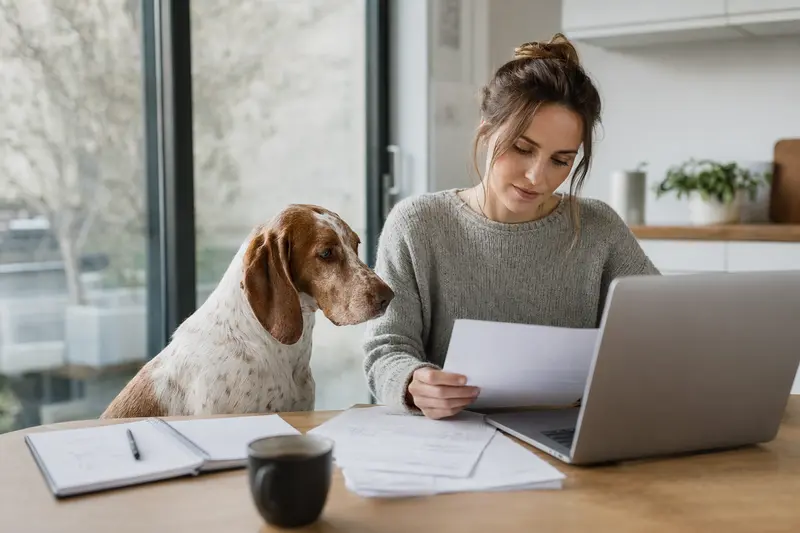 Ein Brachet polonais sitzt ruhig neben seinem Besitzer am Küchentisch mit Versicherungsunterlagen und einem Laptop zur Hundeversicherung.