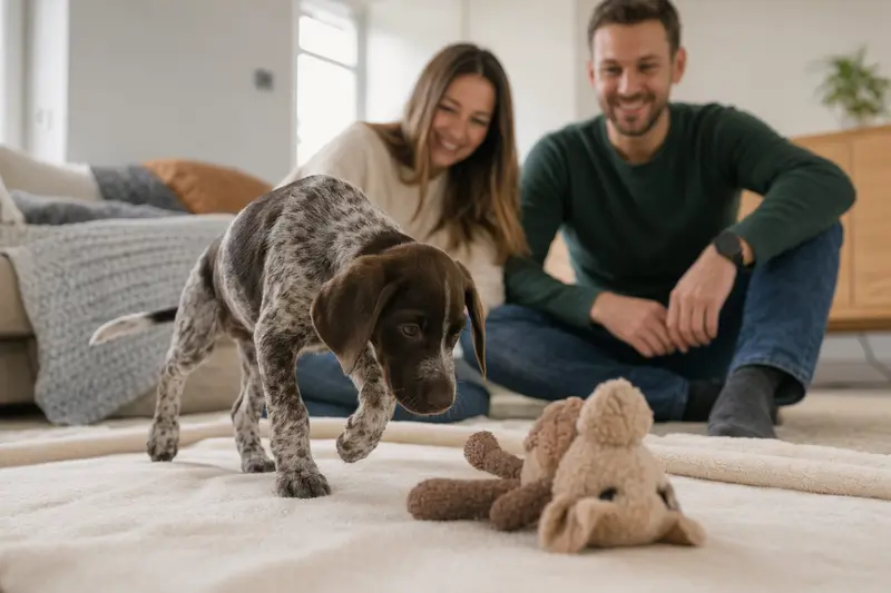 Ein junger Brachet polonais Welpe entdeckt neugierig sein neues Zuhause in einer hellen Wohnung mit weicher Decke und Spielzeug.