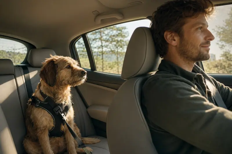 Ein Branchiero Siciliano Hund sitzt sicher angeschnallt auf der Rückbank eines fahrenden Autos und genießt die Fahrt im Sonnenlicht.