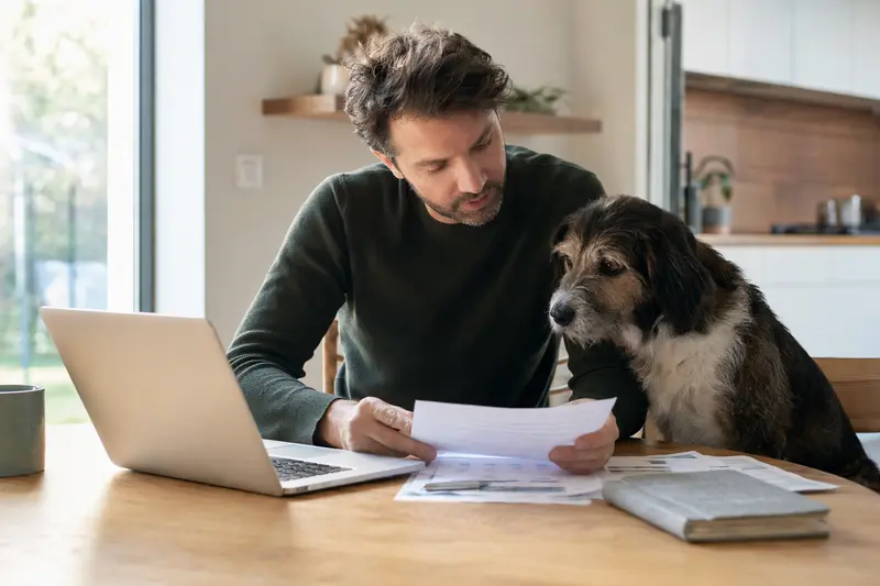 Ein Branchiero Siciliano Hund sitzt ruhig neben seinem Besitzer am Küchentisch, auf dem Versicherungsunterlagen und ein Laptop liegen.