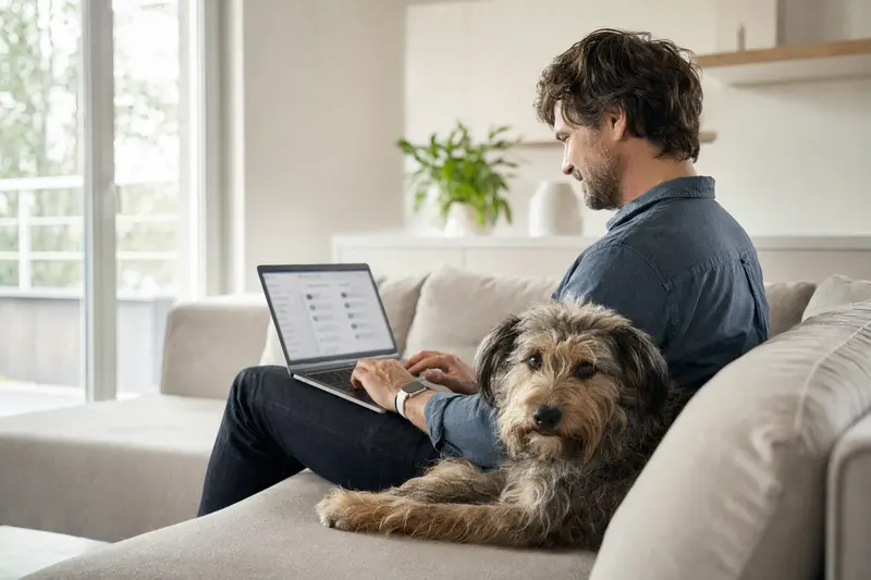 Eine Person sitzt mit einem Laptop auf dem Sofa, während ein Branchiero Siciliano Hund daneben liegt und eine neutrale Versicherungsvergleichs-Oberfläche auf dem Bildschirm angezeigt wird.