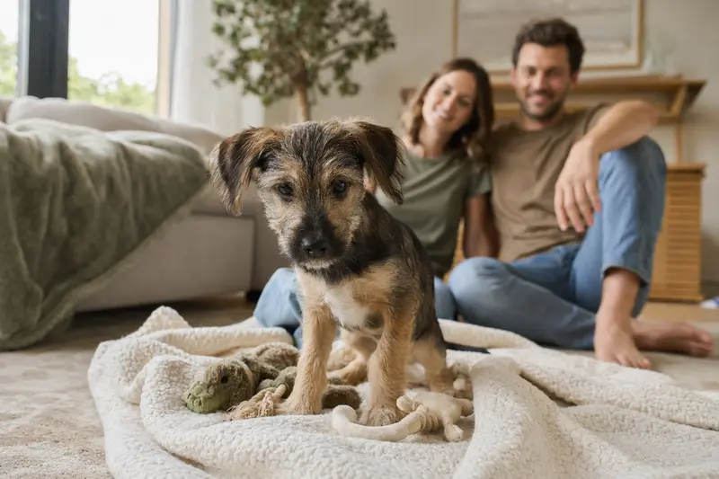Ein neugieriger Branchiero Siciliano Welpe erkundet sein neues Zuhause auf einer weichen Decke, während eine liebevolle Familie im Hintergrund zu sehen ist.