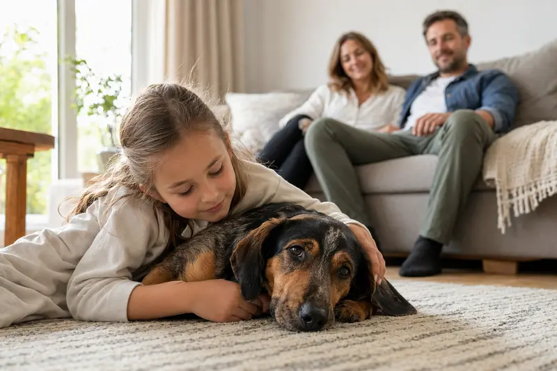 Ein entspannter Brandlbracke Hund liegt neben einem Kind im Wohnzimmer und genießt die sichere Familienatmosphäre.