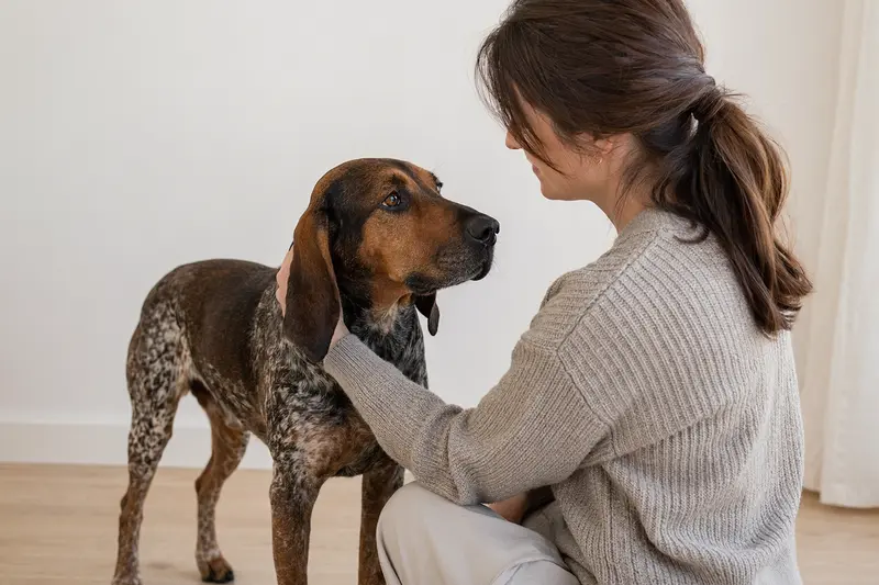 Brandlbracke Hund in aufmerksamer Haltung vor hellem Hintergrund in einem realistischen Tierportrait.
